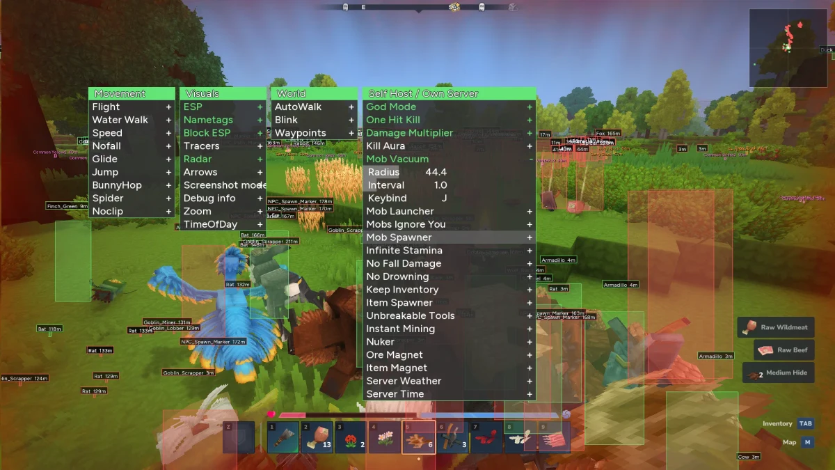 Hytale cheat menu showing the exploits tab in game Hytale cheat menu showing the host tab open in game